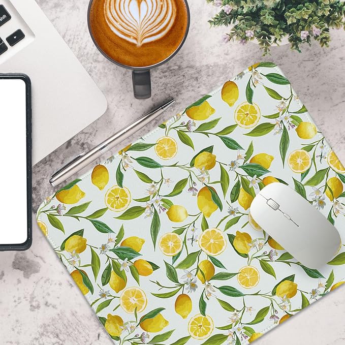 Lemon Mouse Pad Yellow Flroal Small Mouse Pads, Rectangle Summer Travel Desk Mat for Computer Mouse Mats Retro Lemons Gifts Office Decor for Women Girls 10.2x8.2