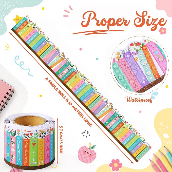 32.8 Ft Wildflower Bookshelf Bulletin Borders Scalloped Trim | Wildflower Design with Colorful Book Spines, For Classroom Library Decorations, Back to School Bulletin Displays