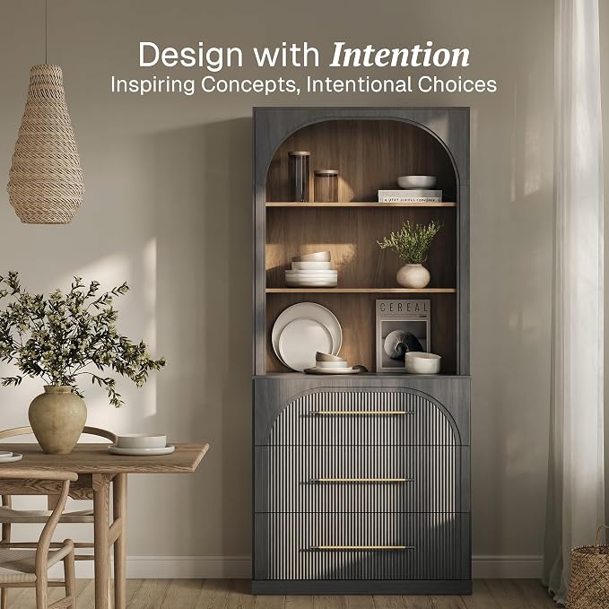 BELLEZE Display Storage Cabinet with Hutch, 72" Tall Wood Modern Bookshelf with 3 Drawers, Cabinet for Office, Study, Kitchen, Dining Living Room, Ebony