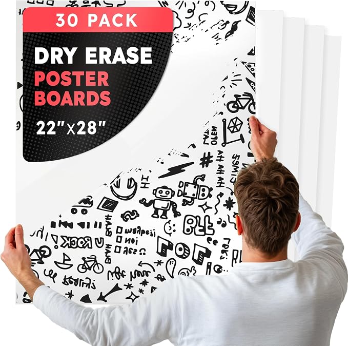 Hygloss Large Dry Erase Poster Board Paper 22x28 Inch (30 Count) Single-Sided Wall White Board Dry Erase Sheets - 14 Pt. Thick Paper for Home, School, Classroom, Office, Kids Art, Menus Signs, Lists