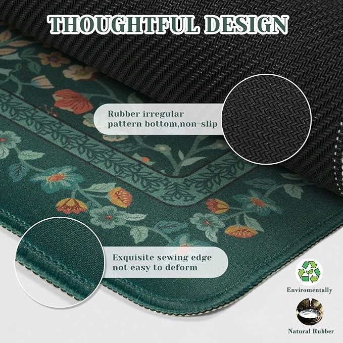 iCasso Aesthetic Floral Desk Mat,Retro Mouse Pads,31.5x11.8in,Deep Green | Anti-Slip Mousepad with Stitched Edges, Waterproof Computer Pad, Desk Accessories Office Decor for Women