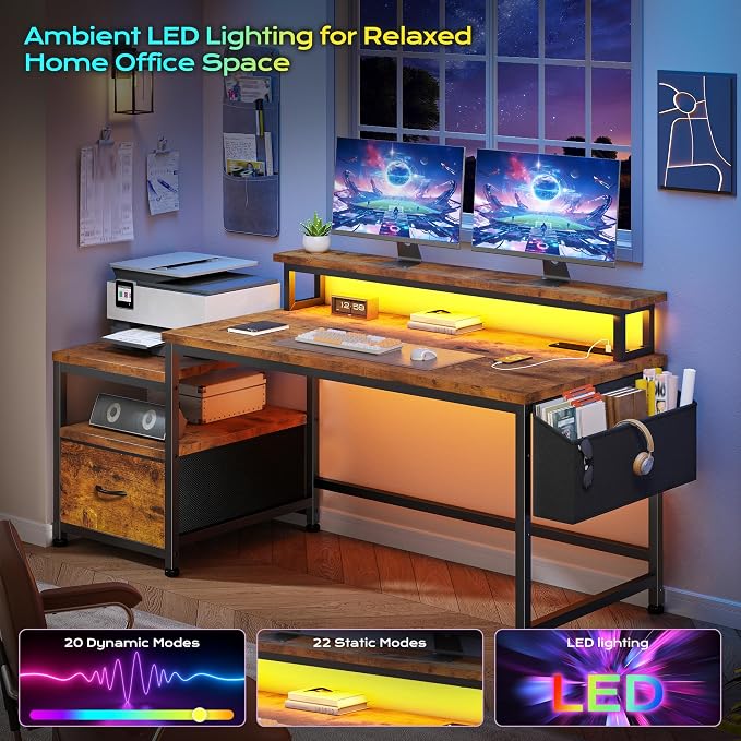 EnHomee 56.5" Office Desk with Drawers & Printer Space for Home Work,Brown | Computer Desk with 3 AC Outlets& 2 USB Ports,Waterproof LED Strip Lights,Monitor Stand & Side Pockets,Home Office,Bedroom