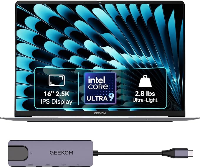 GEEKOM GeekBook X16 Pro Laptop, 16" 2.5K IPS, 2.8 lb Slim Portable Notebook | Up to 17 Hours, Intel Ultra 9, 32GB LPDDR5x 7500MHz 2TB SSD, Dual Fan Cooling, USB4, Fingerprint, Privacy Shutter, Windows 11
