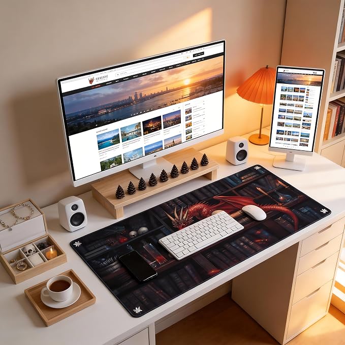 Aesthetic Dragon Gaming Mouse Pad, Ink Blue Red Mystical Desk Mat with Anti-Slip Base & Stitched Edges, Office & Home Desk Decor for Women, 35.4" x 15.7" in Computer Desktop Mat