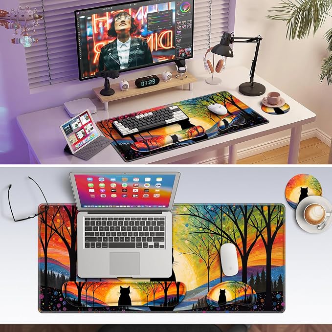 Canjoy Desk Mat with Wrist Rest, Anime Black Cats Keyboard and Mouse Pad | 4-in-1 Large Mouse Pad(35.4×15.7in) + Keyboard Wrist Rest + Coaster, Kawaii Cute Keyboard Mat Extended Desk Pad Memory Foam