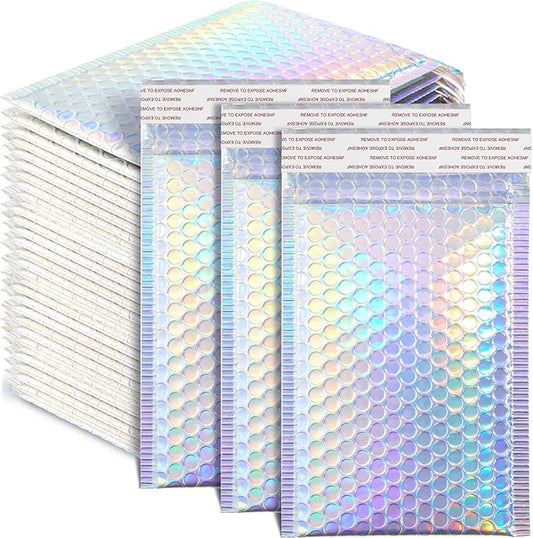 Henoyso 60 Pcs 8 x 11.5 Inch Holographic Bubble Mailers Metallic Bubble Envelopes Waterproof Self Seal Shipping Bags Thick Cushioning Mailers for Makeup Jewelry Small Business Packaging, Rainbow Color