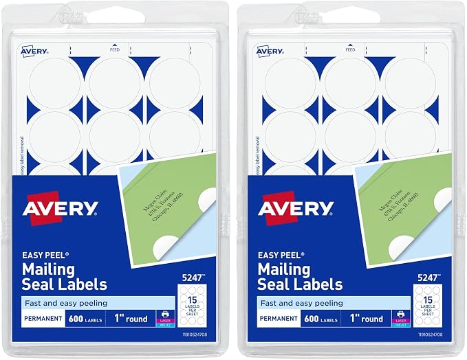 Avery Mailing Seals, 1" Round Labels, White, 600 Printable Mailing Labels (05247) (Pack of 2)