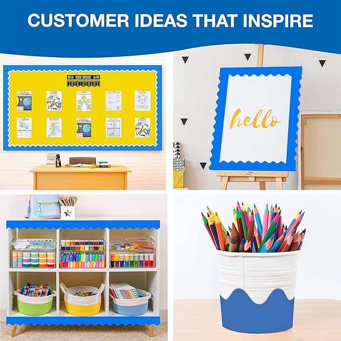 Carson Dellosa 65Ft of Blue Bulletin Board Borders, 1 Roll of Scalloped Trim for Rolling Whiteboard, Cork and Posterboard, Patriotic Decorations, Party, and Classroom Decor