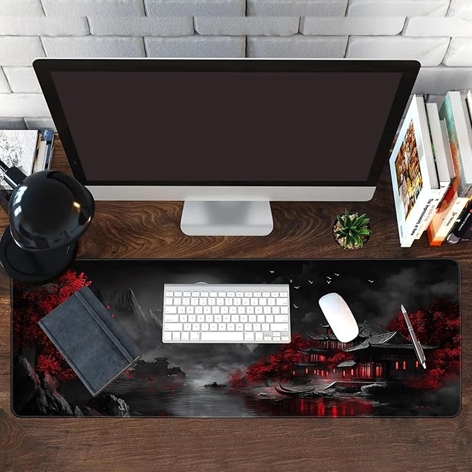 Long Gaming Mouse Pad Extended Anime Large Desk Pad with Non-Slip Base Full Keyboard Mat with Stitched Edges for Gaming and Office 31.5 x 11.8 inches (Dark Night Full Moon)