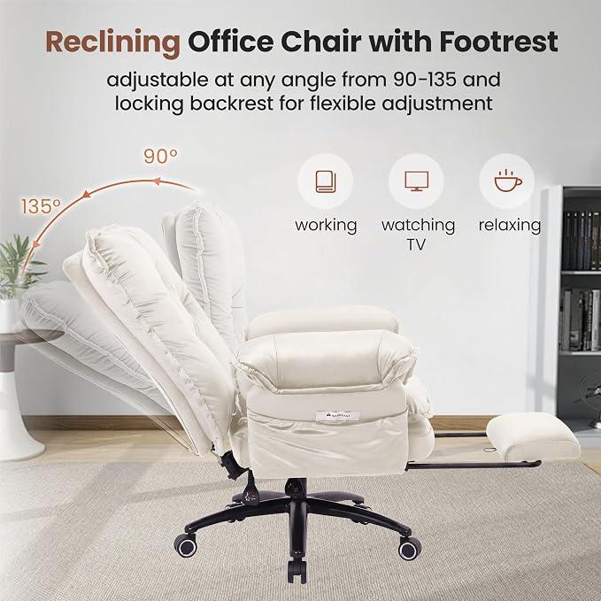 Criss Cross Office Chair with Flip Arms & Footrest, Comfy Desk Chair,Beige | Cross Legged Office Chair, Wide Seat Reclining Desk Chair with Wheels, Vanity Chair with Pocket Spring Seat and Side Pockets