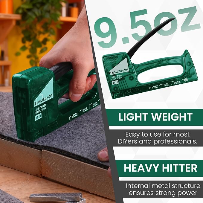 HAUSHOF Light Duty Staple Gun, Upholstery Staple Gun with 800PCS JT21 Staples and Stapler Remover, Fits JT21 Staple of 1/4'', 5/16'' & 3/8'', Used for Wood, Classroom, Crafts, DIY (Green Transparent) | Upholstery Staple Gun Fits JT21 Staple of 1/4'', 5...