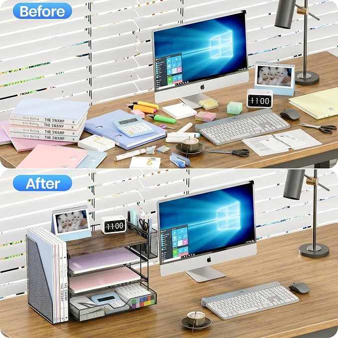 Desk Organizers and Accessories, 4-Tier Desktop File Organizer with Drawer and Pen Holders, Office Desk Accessories Workspace Organizers for Office Supplies (Brown)