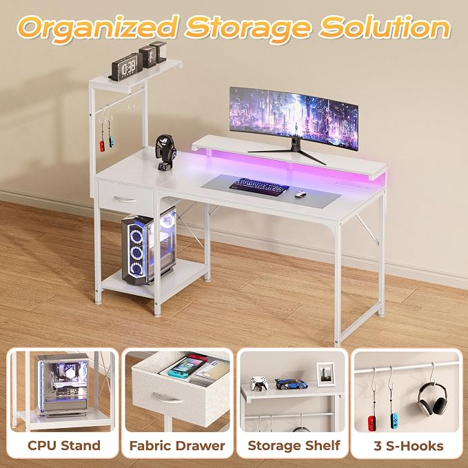47.2 Inch Gaming Desk with LED Lights & Power Outlets | Computer Desk with Drawer & Storage Shelves, Office Writing Desk with Monitor Stand for Work from Home, White
