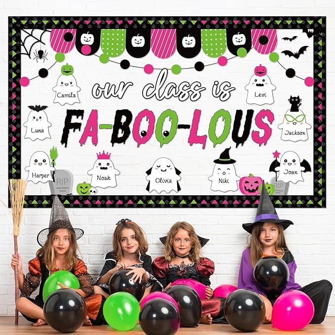 Halloween Ghost Bulletin Board Decoration Witch Bat Pumpkin Spider Web Paper Cutouts Boo Ghost Pattern Classroom Decor Halloween Party Bulletin Board for School Chalkboard Wall Decor Teacher Supplies