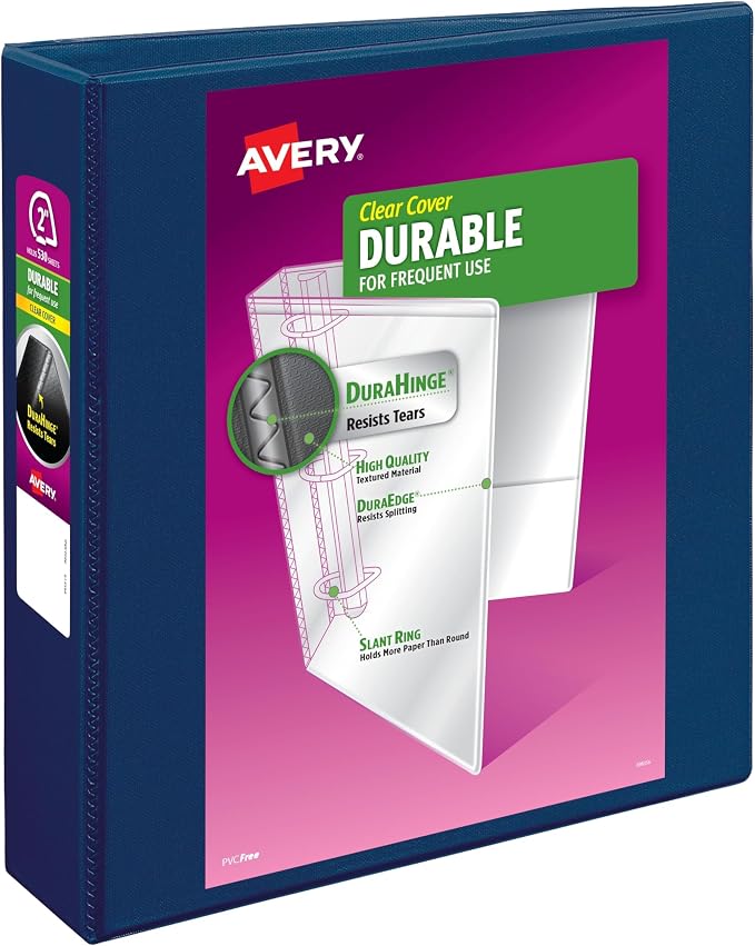 Avery Durable View 3 Ring Binder, 2 Inch Slant Rings, 530-Sheet Capacity, DuraHinge, 2.8 Inch Wide Spine, Customizable Clear Covers and Spine, 1 Dark Blue Binder (17034) (Pack of 6)