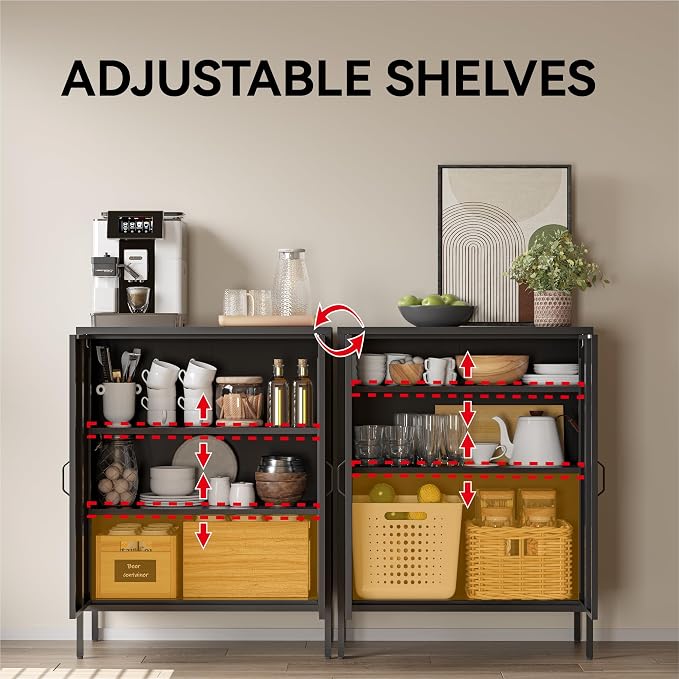 COFaR Black Metal Storage Cabinet, 40” Industrial Kitchen Organizer & Buffet Sideboard, 3-Tier Steel Cabinet with Adjustable Shelves, Magnetic Doors for Coffee Bar, Office, Dining Room