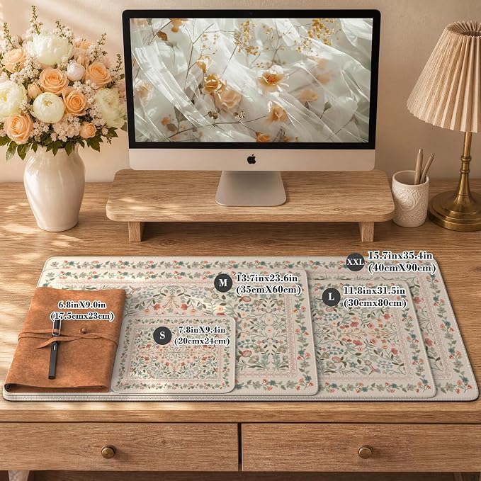 iCasso Aesthetic Desk Mat,31.5x11.8in Mouse Pads,Beige Floral | Anti-Slip Mousepad with Stitched Edges, Waterproof Computer Pad, Desk Accessories Office Decor for Women