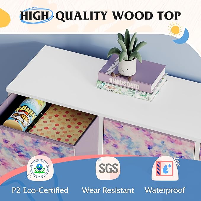 WLIVE 9 Drawer Dresser, Fabric Storage Tower for Bedroom, Hallway, Closet, Tall Chest Organizer Unit for Bedroom with Fabric Bins, Steel Frame, Wood Top, Easy Pull Handle, Tie-dye Purple Print