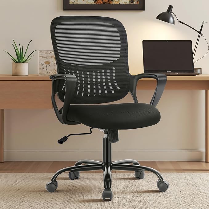 OLIXIS Home Office Chair, Mesh Desk Chair, Ergonomic Lumbar Support | Mid Back Computer Ergonomic, Height Adjustable Swivel Task, Large Seat Armrest, Adults, Black
