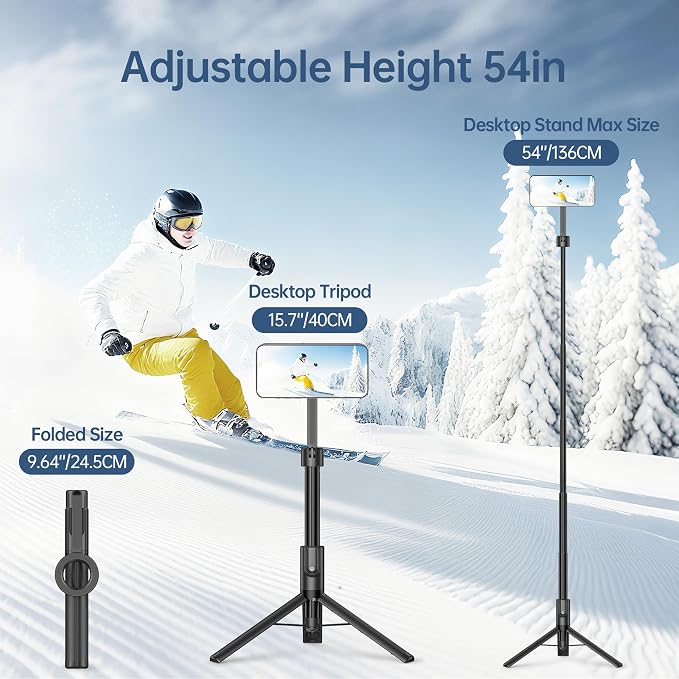 Magnetic Phone Tripod for iPhone 54" Selfie Stick | Tripod Stand with Remote and Metal Ring for Cell Phone Video Recording/Photography/Vlogging (Balck)