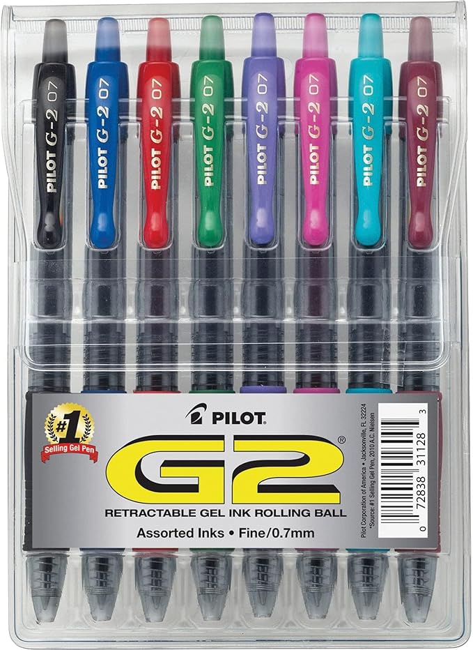 PILOT G2 Premium Refillable and Retractable Rolling Ball Gel Pens, Fine Point, Assorted Color Inks, 8-Pack Pouch (31128)