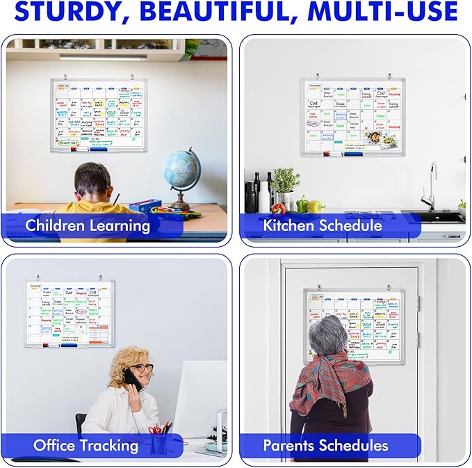 Dry Erase Calendar Whiteboard for Wall, 24" x 18" Magnetic Monthly White Board Calendar Dry Erase, Wall Hanging Aluminum Frame with Tray for Home, School, Office