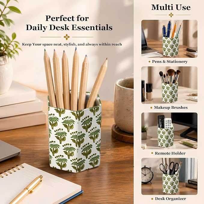 CPC Emerald Green Block Print Cotton Pen Holder Set of 2 | Boho Makeup Brush Holder Floral Pencil Cup Girls Kids Durable Stand Desk Organizer Storage Floral Office Supplies, Classroom