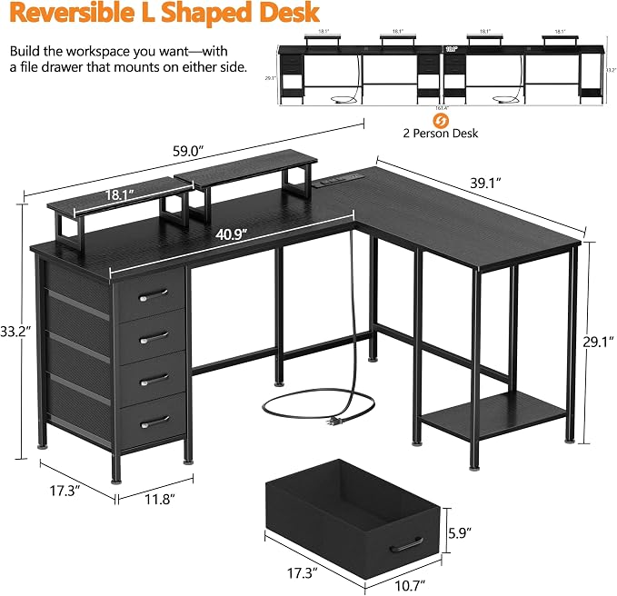 Korfile 59 inch L Shaped Computer Desk with Power Outlets, Black | Ideal for Home Office, Bedroom, Corner, 4 Adjustable Storage Drawers, 2 Monitor Stands, Reversible, Two Person Gaming Table