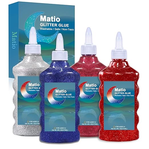 Matio Glitter Glue, 4 Pack Glitter Liquid Glue Non-Toxic Washable 6 FL OZ Each Bottle Assorted Color Glue Stick Red Blue Silver Wine Red Gel Pen for DIY Slime Craft,Painting Art,Christmas Decor Supply