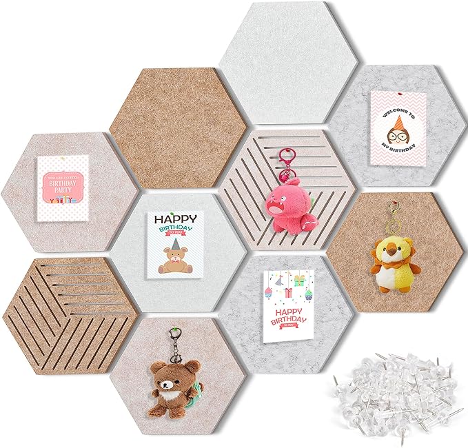 Hexagon Cork Boards for Walls Self Adhesive, 10 Pack 12 x 10 inch | 1300g/m² Dense Felt Bulletin Tiles, Frameless, Peel and Stick, Renter Friendly, Modern, Modular, for Office Dorm Room Decor