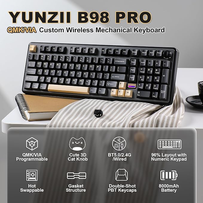 YUNZII B98 PRO 96% Wireless Mechanical Keyboard (Black, Candy Switch) | QMK/VIA, with Numpad, Dual-Style Knob Design, Creamy Pre-Lubed Switches, Hot Swap, Gasket Mount, RGB for Gaming/Win/Mac