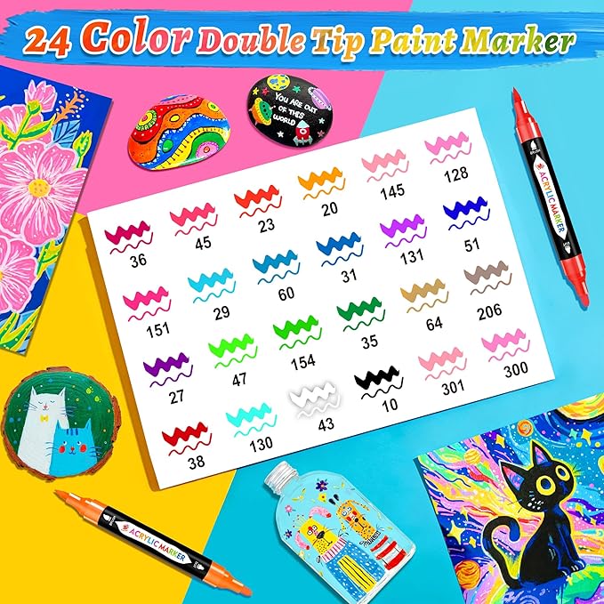 TBC The Best Crafts 24 Colors Dual Tip Acrylic Paint Markers,Waterproof, Non-Toxic, odorless, Suitable for Paper, Pottery, Stones, Backpacks, Glass (24 Colors)