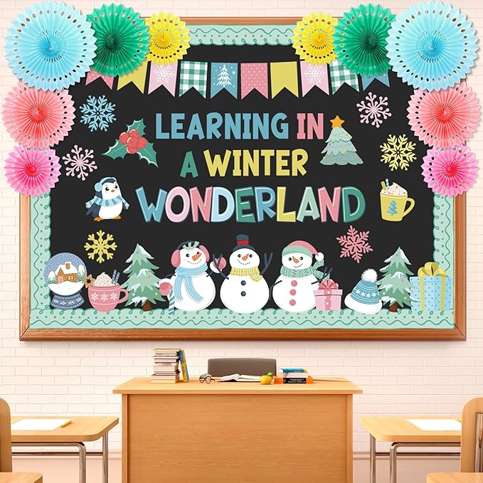 67 Pcs Winter Bulletin Board Decorations Set with 3D Paper Fans | Winter Classroom Decorations, Snowman Snowflake Penguin Xmas Tree Cutouts, Christmas Holiday School and Home Wall Door Decor