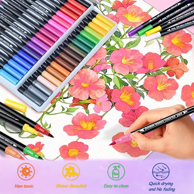 24 Colors Dual Markers Brush Pens, Art Markers Colored Pens for Adult Coloring Books, Brush and Fine Point Dual Tip Artist Colored Marker Set for Drawing Adult Coloring Hand Lettering