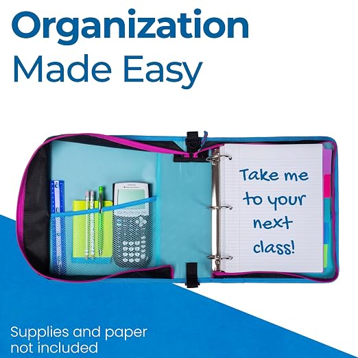 The Universal Zipper Binder - 2" O-Rings - Padded Pocket Holds up to 13 Inch Laptop/Tablet - Multiple Pockets - 400 Page Capacity - Comes with Shoulder Strap - Monster Design Magenta LT-307-ME-MAG
