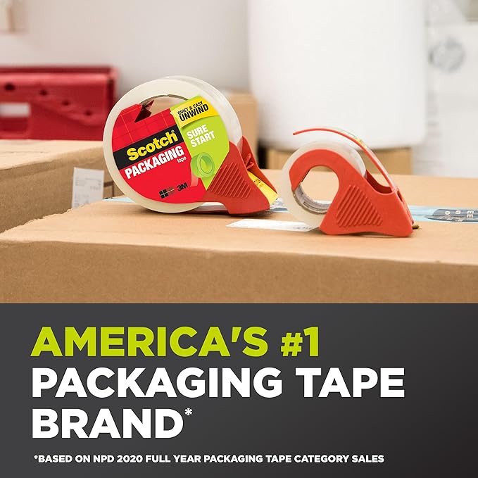 Scotch Sure Start Packing Tape, Clear, Quiet Unwind and Easy Start, 1.88 in. x 25 yd., 2 Tape Rolls