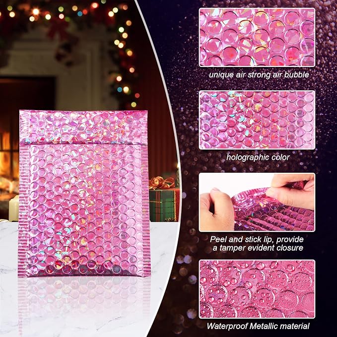 50 Pieces Bubble Mailers 3 Sizes Self Seal Adhesive Poly Mailers Metallic Foil Glitter Padded Shipping Bubble Envelopes for Valentine Mailing Packing Small Business(Glitter Rose Red)