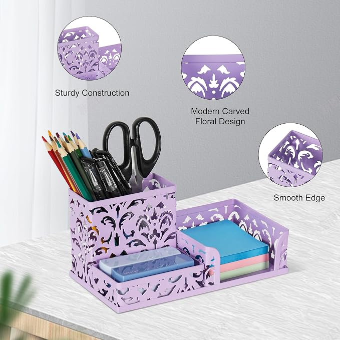 EasyPAG Desk Organizer 3 Compartment Pen Holder for Desk Office Supplies Caddy with Sticky Notes Holder for School Home, Purple