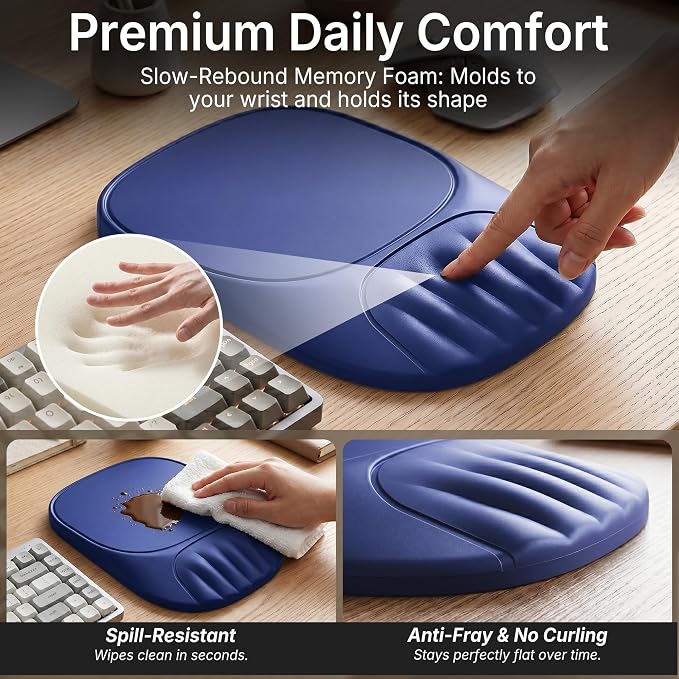 Ergonomic Mouse Pad with Wrist Rest, Sloped Memory Foam Mousepad with Wrist Support, Cooling Channels, Non-Slip Base, Smooth Lycra Surface for Office, Gaming & Home Desk (Midnight Blue)