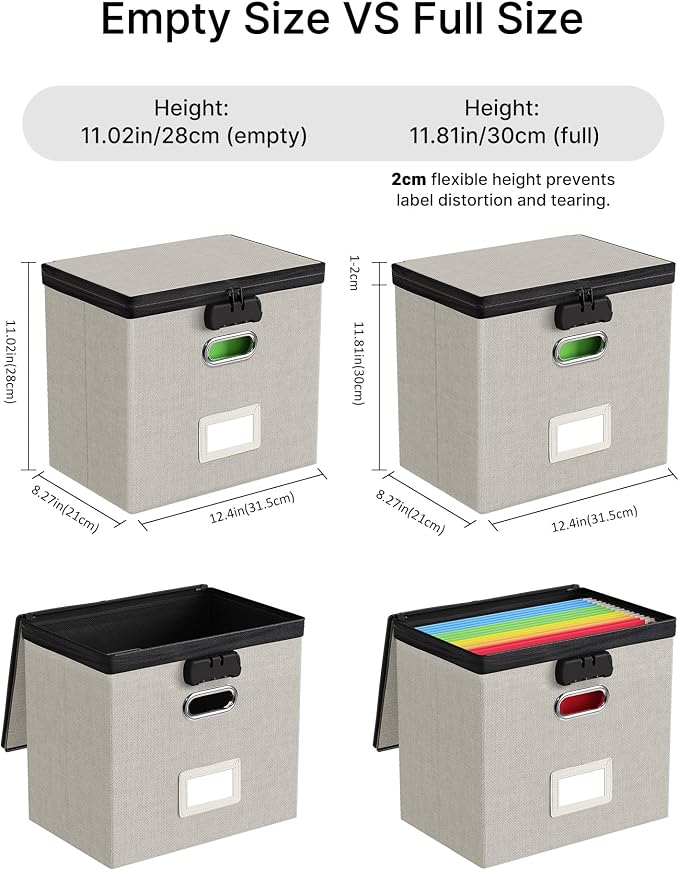 Lockable File Box Small 2-Pack Hanging Organizer for Letter-Size | Dustproof Lid. 3 Mesh Pockets. Collapsible Scratch-Resistant GRS Linen. Slide Rails. Office, Home, Dorm