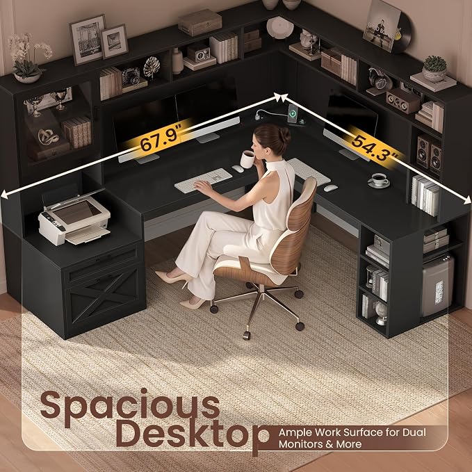 SEDETA Farmhouse L Shaped Computer Desk with Double Hutch, Storage Drawers | 68" Large L Shaped Corner Gaming Desk with LED Lights, Shelves, Display Cabinet, Power Outlet for Home Office, Black