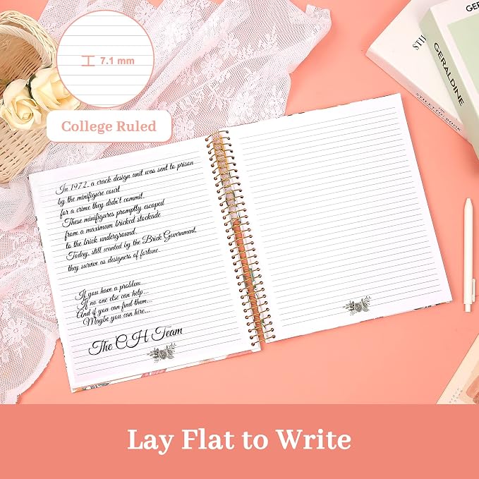 CAGIE Hardcover Spiral Notebook 8.5 x 11 for Women, College Ruled | with Large Pocket, Ruler, Aesthetic Floral Note Book Spiral Bound Notebooks for Work Note Taking Writing School, 200 Pages