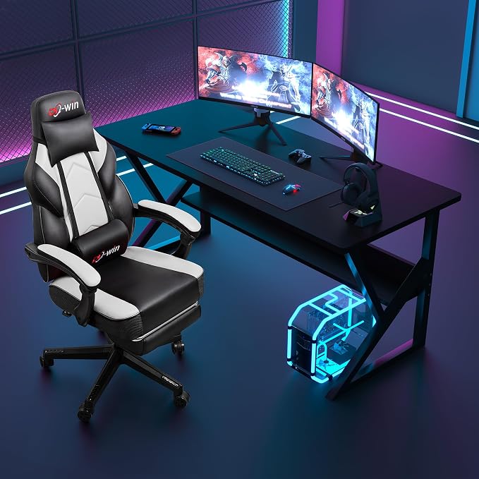 Video Gaming Chair for Adults, Computer Chair with Footrest and Ergonomic High Back, Big and Tall Gamer Chair with Massage Lumbar Support, 360° Swivel Height Adjustable Computer Chair, White