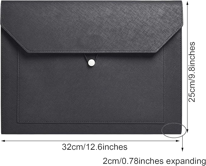 PU Leather A4 File Folder Document Holder 2 Pockets Portfolio Envelope Folder Case with Elastic String 3/4 Inch Expansion (Black)