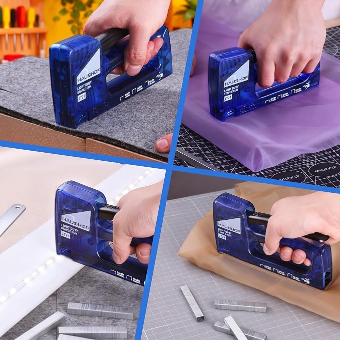 HAUSHOF Light Duty Staple Gun, Upholstery Staple Gun with 800PCS JT21 Staples and Stapler Remover, Fits JT21 Staple of 1/4'', 5/16'' & 3/8'', Used for Wood, Classroom, Crafts, DIY (Blue Transparent) | Upholstery Staple Gun Fits JT21 Staple of 1/4'', 5/...