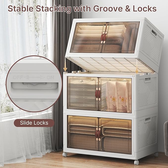 Stackable Storage Bins with Lids, 540QT Lockable Storage Cabinet | Folding Storage Box with Doors and Wheels, Collapsible Plastic Drawers for Home, Garage, Office
