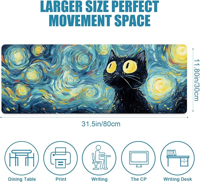 Gaming Mouse Pad, Big Cute Mousepad, XL Large Extended Desk Mat with Non-Slip Rubber Base, Laptop Desk Pad, Computer Keyboard Mat Office&Home, 31.5x11.8in, Starry Night Black Cat