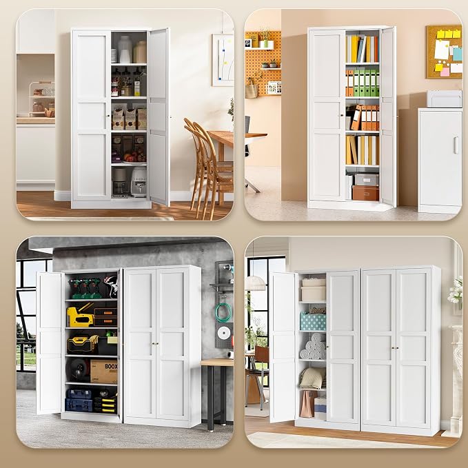 Metal Storage Cabinet - 71" White Kitchen Pantry with 2 Doors and 4 Adjustable Shelves, 4-Tier Tall Steel Locker for Living Room, Dining Room