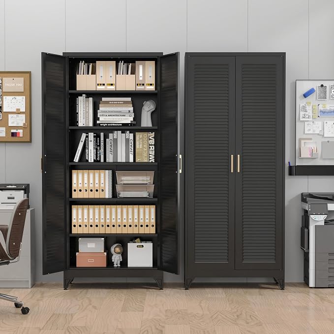 75" Tall Kitchen Pantry Cabinet, Metal Storage Cabinet with Doors | Kitchen Cabinet with 5 Adjustable Shelves, Black Cupboard for Kitchen, Dining Room, Living Room, Bathroom, Garage and Office