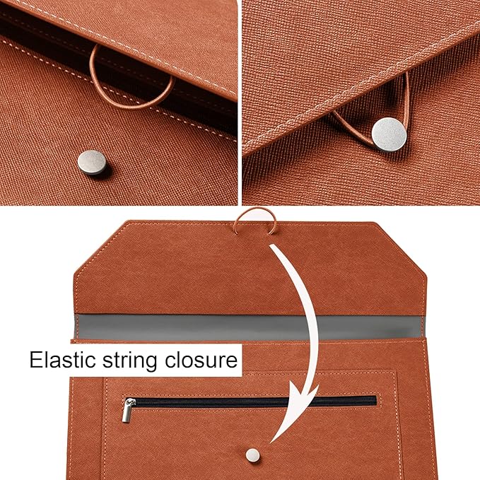 PU Leather A4 File Folder Document Holder 2 Pockets Portfolio Envelope Folder Case with Elastic String 3/4 Inch Expansion (Brown)